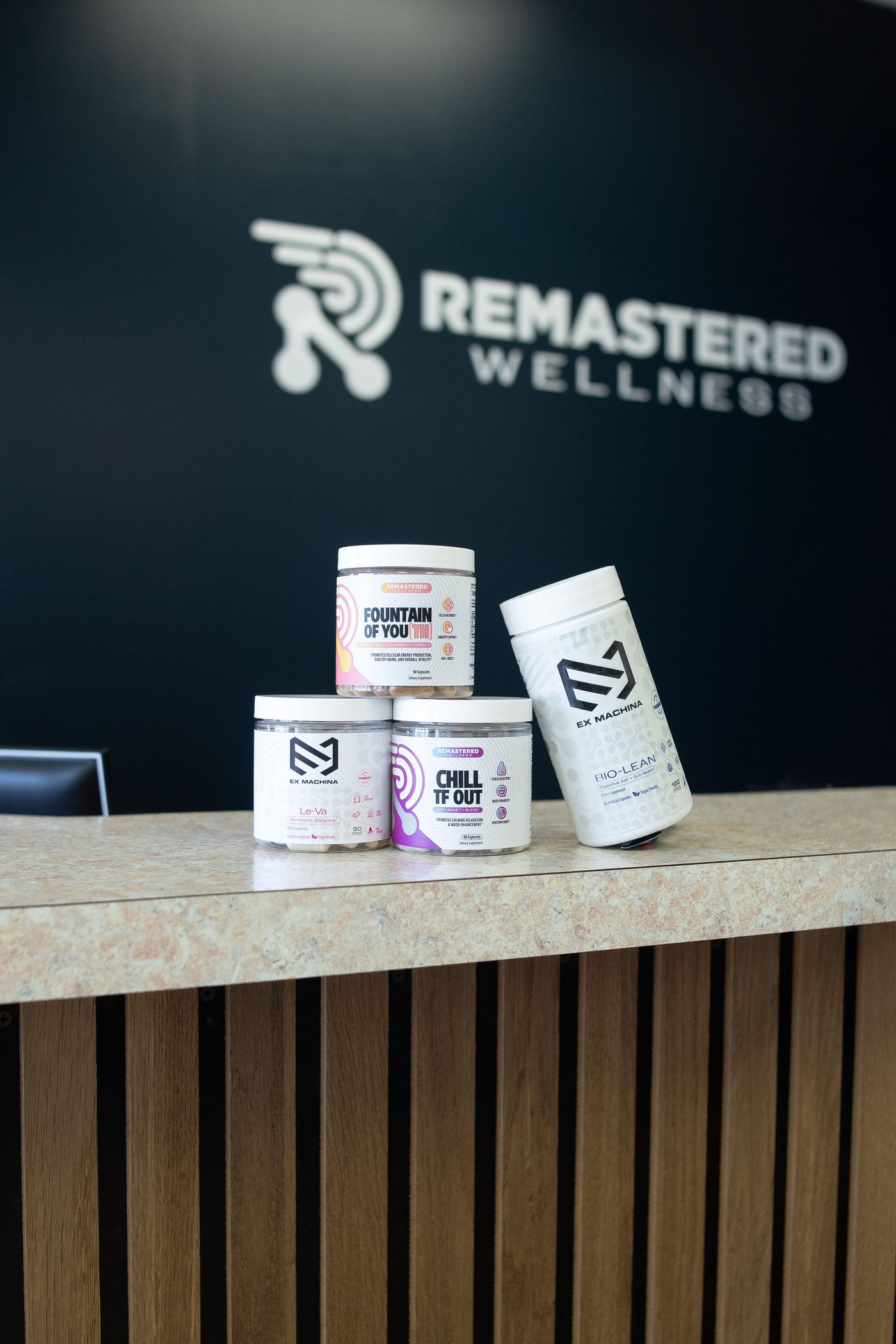 The Remastered Wellness supplement range on the counter in Mount Juliet